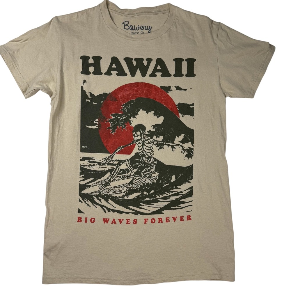 Bowery Supply Co Hawaii Skeleton Surf T Shirt Mens Small Tan Big Waves Graphic
